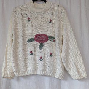 Vintage Hand Knitted Floral Embroidery Sweater Size Large